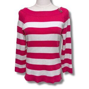 Vintage Chaps Hot Pink & White Striped Ribbed Sweater – Size L – 90s Y2K Preppy